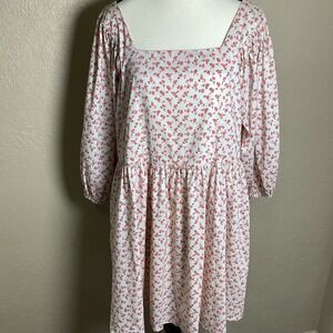 Storia Pink Floral Square Neck Babydoll Mini Dress Puff Sleeve Women's Medium
